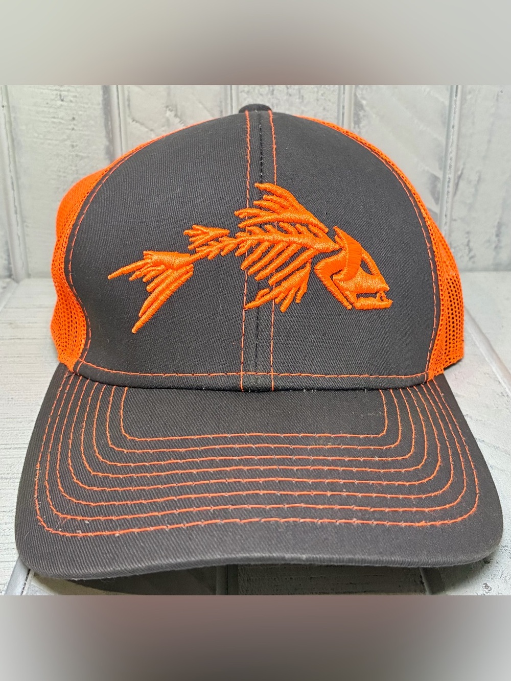Outdoor Cap BON-800 Fishing Hat Neon Orange Fish Bone Charcoal Gray Mesh Back OS